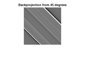 Figure contains an axes object. The axes object with title Backprojection from 45 degrees contains an object of type image.