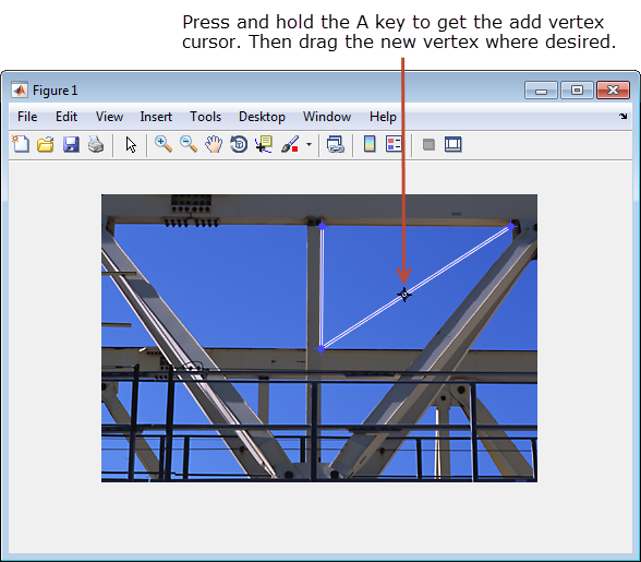 Image of crane trusses with a partially drawn polygon. Press and hold the A key to enable the add vertex cursor.