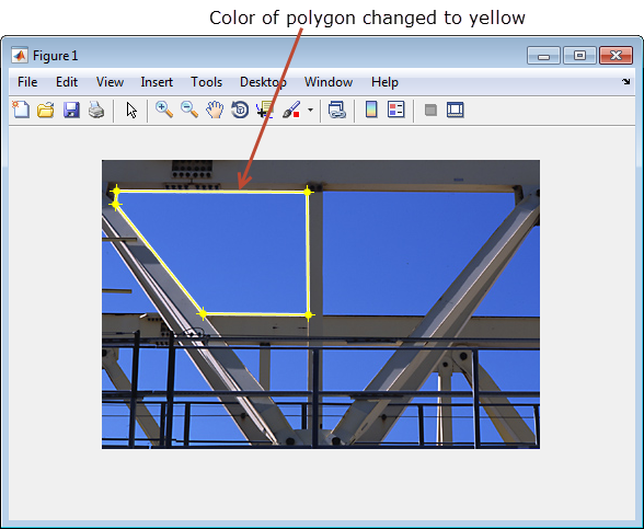 Image of crane trusses with a polygon around five vertices. The vertices and sides of the polygon are yellow.