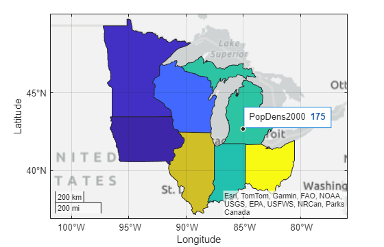 Map with a data tip on the lower peninsula of Michigan