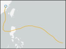 Yellow line displayed on a world map. One end of the line has a blue circle marker.