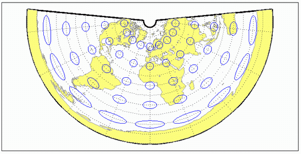 World map using Murdoch 1 conic projection