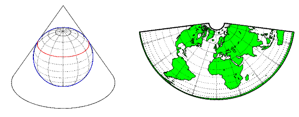 Comparison of a cone wrapped around a globe with a world map that uses a conic projection