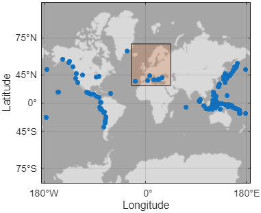 Points and a polygon in the same geographic axes. The bounds of the points are larger than the bounds of the polygon.
