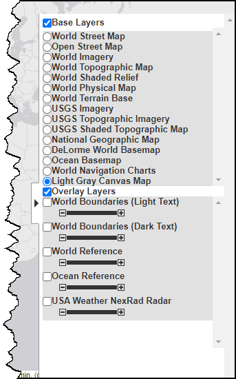 Layer Manager with Light Gray Canvas Map base layer selected