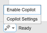 MATLAB Copilot status indicator in the lower-left corner of the MATLAB desktop. The two available options are Enable Copilot and Copilot Settings.