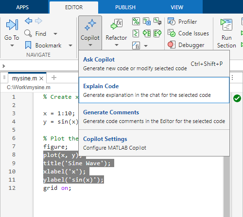 MATLAB desktop, showing highlighted code in the Editor and the Copilot > Explain Code option on the Editor tab of the MATLAB Toolstrip.