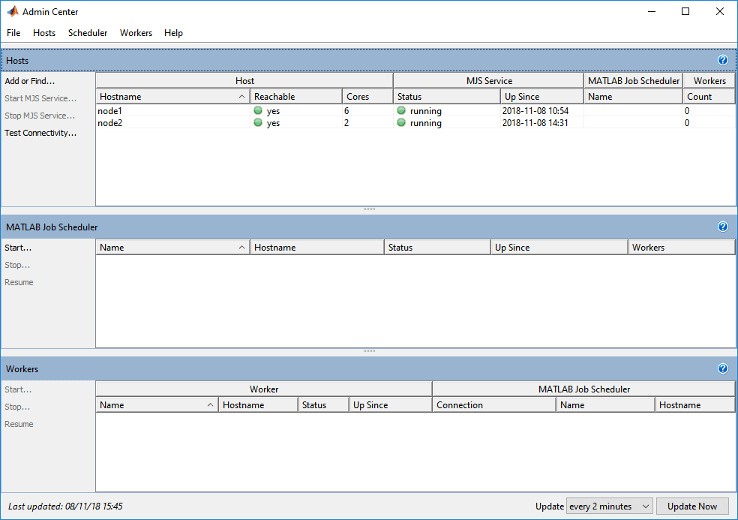Top panel of Admin Center with a list of hosts