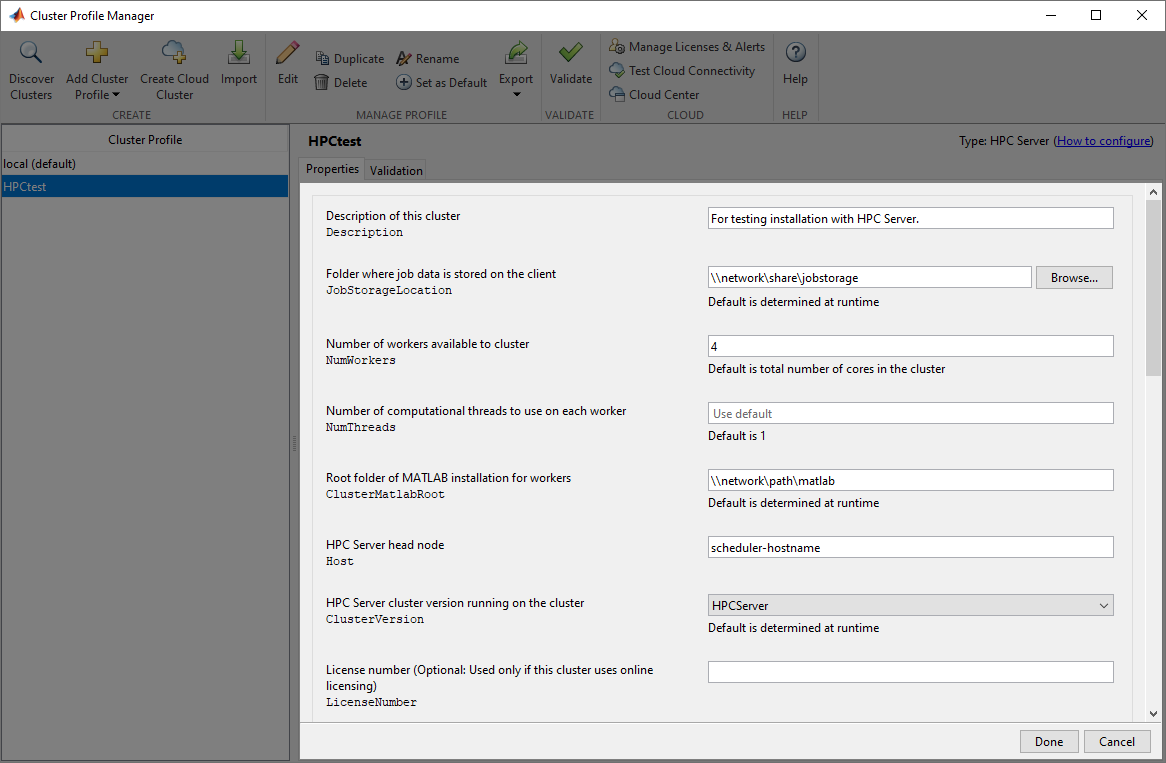 HPCtest cluster with properties