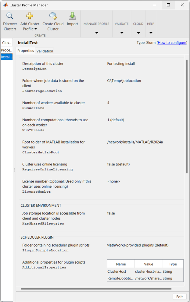 Cluster Profile Manager with the InstallTest cluster profile selected. The cluster properties with no additional properties for the InstallTest cluster are shown in the right pane.