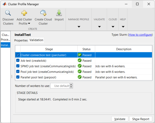 Cluster Profile Manager with the install test cluster profile select. The results of the validation show that all the test stages passed.