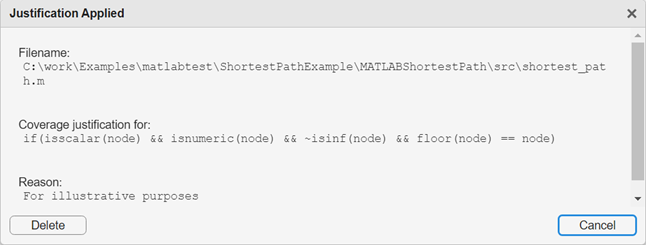 Justification Applied dialog box, showing the filename, code block entry point, and justification reason