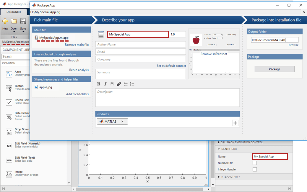 Package App dialog box. The main file, shared resources and helper files, app name, and output folder are populated from the MLAPP file.