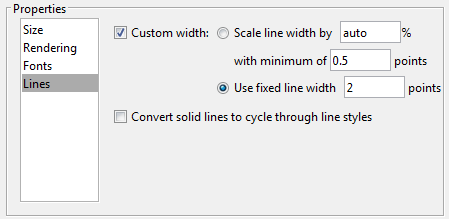 Lines Properties panel with the Use fixed line width field set to 2