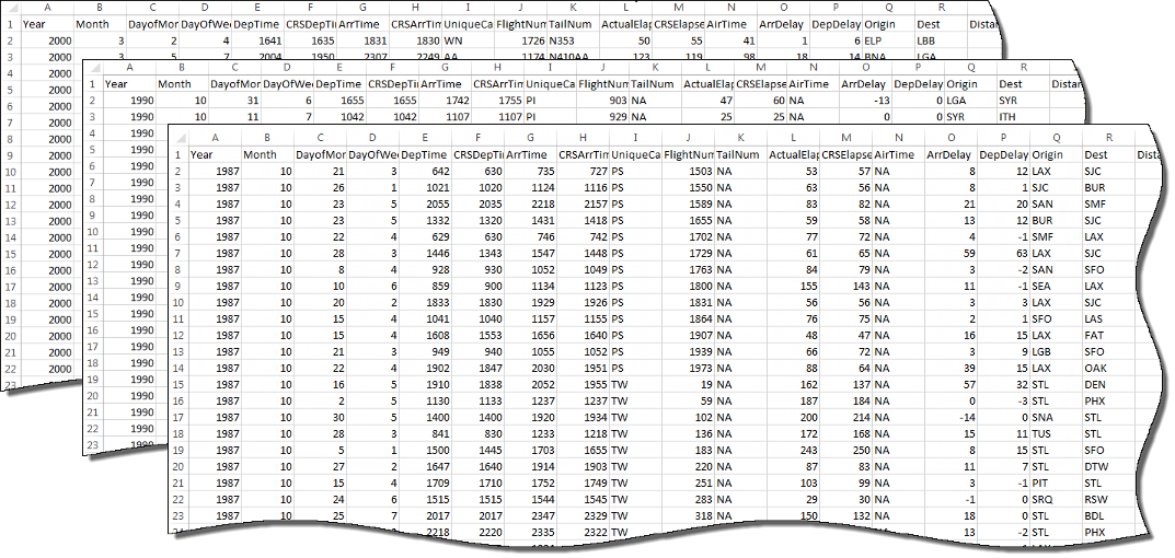 Several spreadsheets with the same columns in the same order