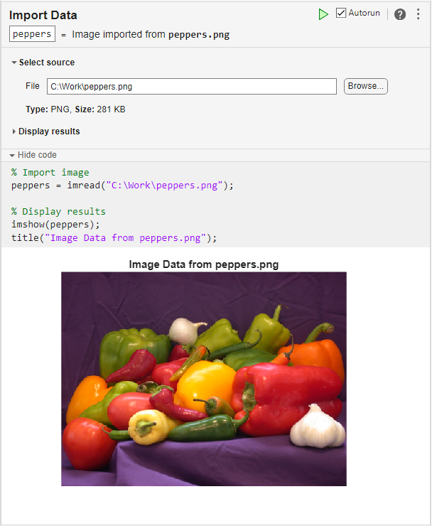 Import Data task displays the name, type, size, and preview for the image to import and the generated code, which uses the imread function