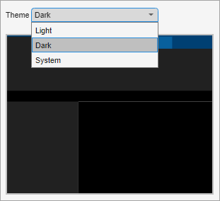 MATLAB Appearance Preferences page with the Theme drop-down list open and dark theme selected. A preview below the drop-down list shows a sample MATLAB desktop with a dark background.