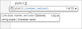 Partially completed call to the plot function with the description of the first of two suggested arguments displayed and a right arrow next to the argument description that can be used to view the second suggested argument description