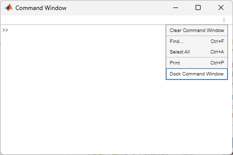Command Window with the actions menu expanded and the Dock Command Window menu item selected