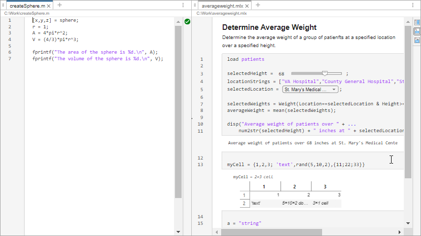 Two MATLAB code files open side by side in the desktop