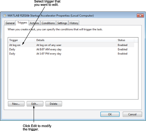 The MATLAB startup accelerator interface with arrows indicating trigger that you would like to edit and the edit button.