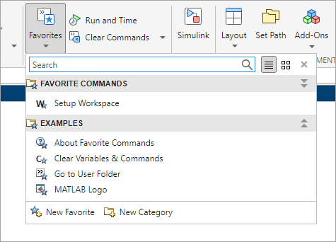 Favorites menu expanded with a Search box, a favorite command, and several example favorite commands