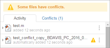 MATLAB Drive Connector Activity section showing the file test.m and the renamed conflict copy of the file