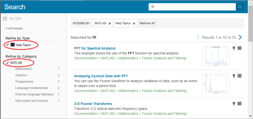 Documentation with a list of search results and Refine by Type and Refine by Category facets on the left side of the page