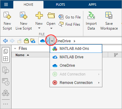 Current Folder toolbar with the drop-down arrow menu expanded to show the available connection names