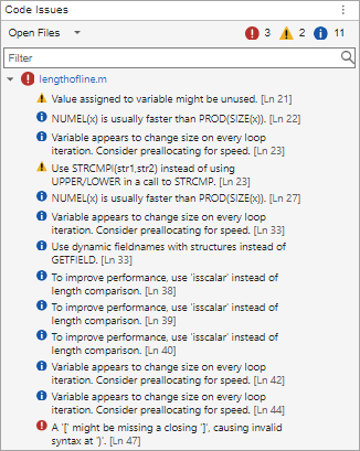 Code Issues panel showing 3 errors, 2 warnings, and 11 info messages found in the lengthofline.m file