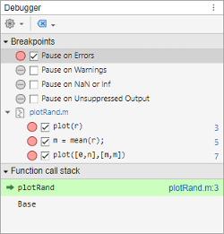 Debugger panel showing a Breakpoints section and a Function call stack section. The Breakpoints section shows Pause on Errors selected, as well as three enabled breakpoints in the plotRand.m file. The Function call stack section shows that the debugger is paused at line 9 of plotRand.m.