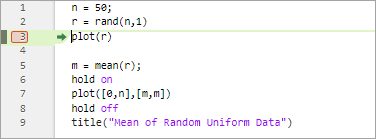 plotRand script with a breakpoint at line three and a green arrow and green highlighting on line three, indicating that MATLAB is paused at line three