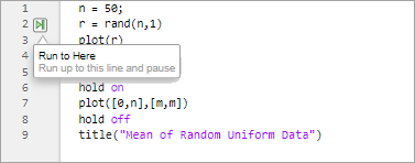 plotRand script with the Run to Here button displayed in the left margin, next to the line number for line two