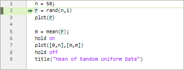 plotRand script with a green arrow and green highlighting on line two, indicating that MATLAB is paused at line two