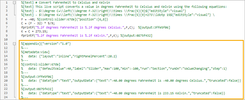 Live script saved using the plain text Live Code file format (.m) open as plain text in the Editor, with the appendix at the end of the file