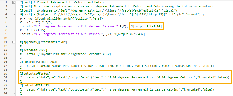 Live script saved using the plain text Live Code file format (.m) open as plain text in the Editor, with matching output reference IDs in the inline markup and the appendix