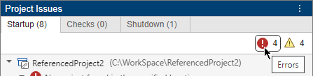 Error and Warning filters in the top right corner of the Project Issues panel
