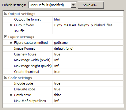 Sample Publish settings pane in the Edit Configurations dialog box with a Save As button