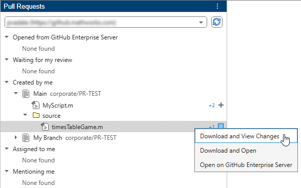 Pull Request panel showing list of pull request for a specific account and the context menu items for a file