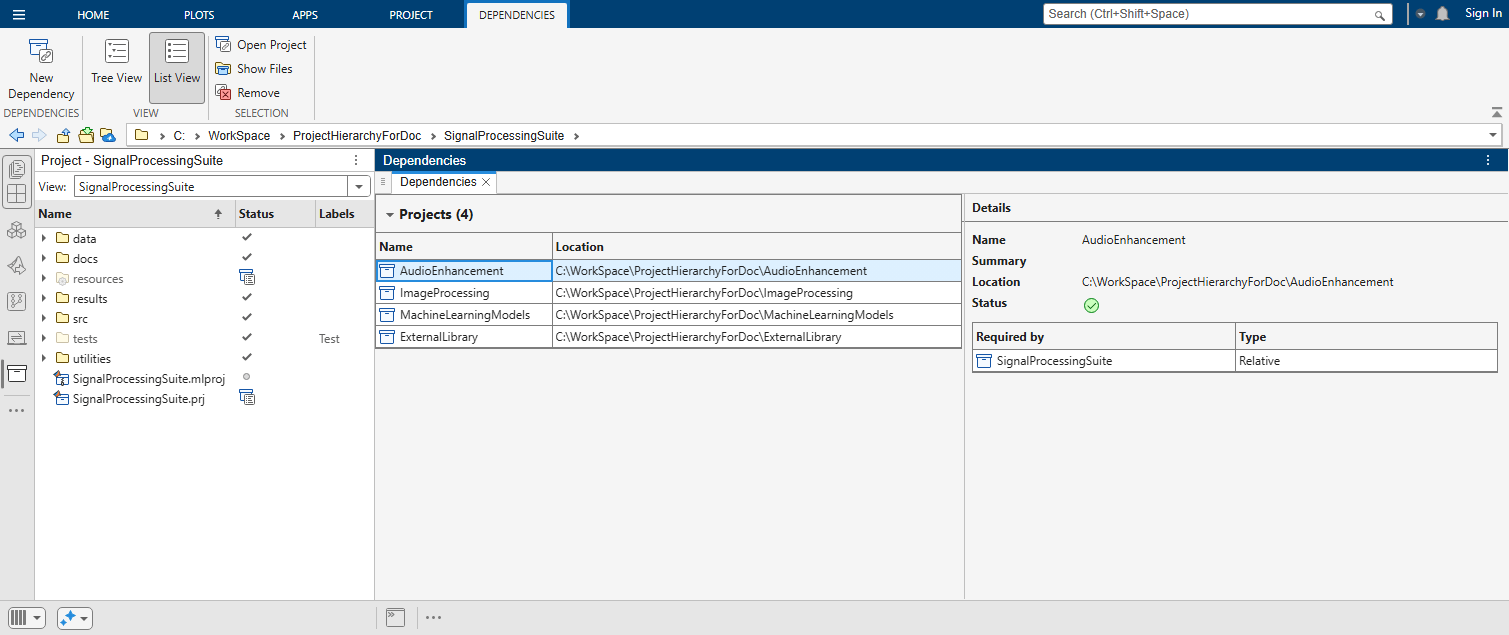 Dependencies tab in the List View format.