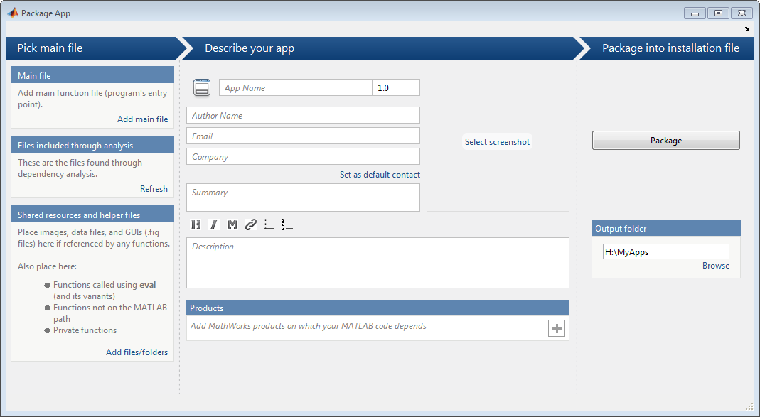 Package App dialog box. The dialog box contains options to pick the files associated with your app, describe your app, and then package your app into an installation file.