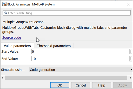 The Block Parameters dialog box for the MATLAB System block has a header followed by a section with two tabs. The tab labeled Value parameters is selected and shows text fields that set the Start Value and End Value parameters for the System object.