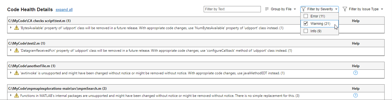 Code Compatibility Analyzer report filtered by severity