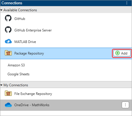 Connections panel with an Available Connections section showing a Package Repository connection and an Add button to the right of the connection