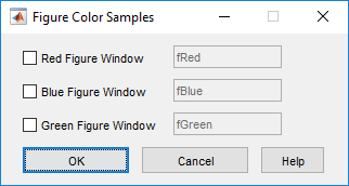 Figure Color Samples dialog box. There are three export options: Red Figure Window, Blue Figure Window, and Green Figure Window. Each option has an unselected check box and an uneditable edit field with a variable name. There are three buttons: OK, Cancel, and Help.