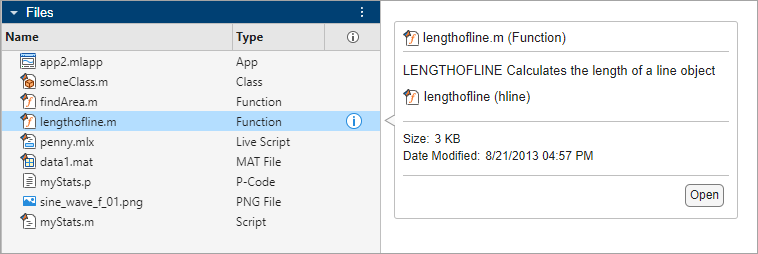 Files panel with a list of files and the file preview for the lengthofline.m file open