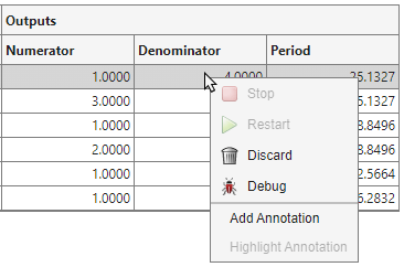 Results table showing the drop-down list for a cell in the output Denominator column. The list includes the Add Annotation option.