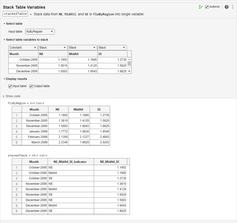 table matlab