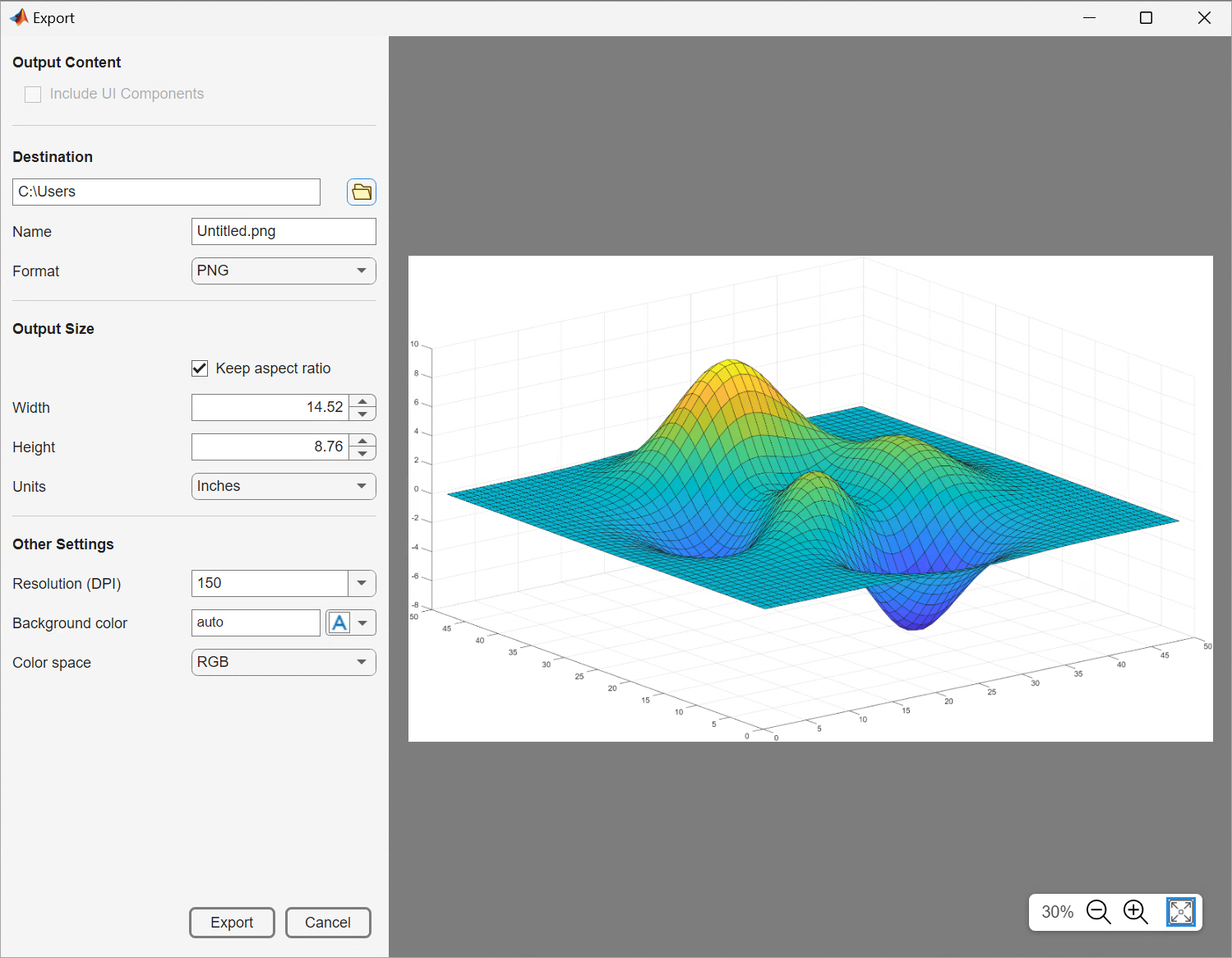 Export dialog box showing export options and a preview of a graph