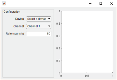 UI figure window with a panel and axes. The panel contains UI components and their labels in two columns.